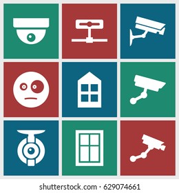 Looking icons set. set of 9 looking filled icons such as window, Security camera, surprised emot