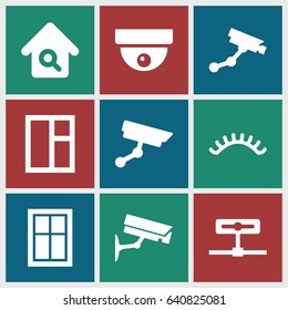 Looking icons set. set of 9 looking filled icons such as window, eyelashes, security camera, home search, security camera