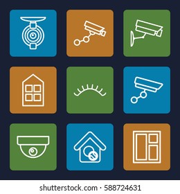 looking icons set. Set of 9 looking outline icons such as window, eyelashes, Security camera, home search