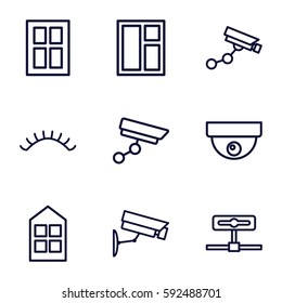 looking icons set. Set of 9 looking outline icons such as window, eyelashes, Security camera, security camera