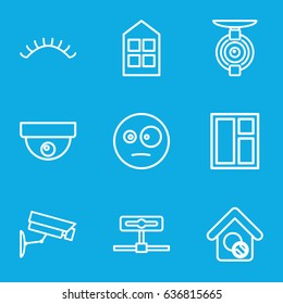 Looking icons set. set of 9 looking outline icons such as window, eyelashes, home search, spy camera, security camera, surprised emot