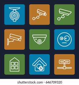 Looking icons set. set of 9 looking outline icons such as window, security camera, home search