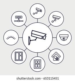 Looking icons set. set of 9 looking outline icons such as window, eyelashes, security camera, home search, security camera