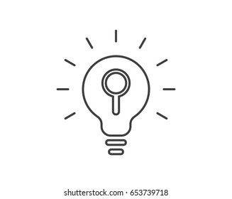 Looking For An Idea. Magnifying glass light bulb vector icon. Lightbulb illustration. Look, search idea design. Research concept symbol. Inspiration exploration innovation zoom