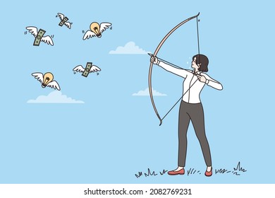 Looking for ideas and money concept. Young business woman standing and shooting bow trying to reach flying dollars and innovations as birds vector illustration 