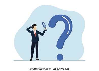 Looking for ideas to solve business problems. Businessman looking for ideas on a big question mark using a magnifying glass. Business vector illustration.