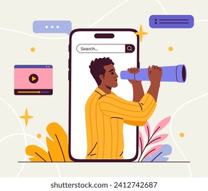 Looking for information concept. Man at smartphone screen with binocular in hands. Young guy searching knowledges on internet. Cartoon flat vector illustration isolated on white background