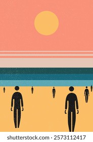 Looking into the distance, hope, boho style illustration, beach, people, sun, minimalism, abstract, creative modern abstract minimalist pattern, beauty, fashion, minimalist design for boho wall, print