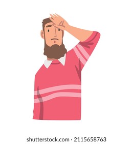 Looking Into Future Bearded Man Character with His Hand on Forehead Vector Illustration