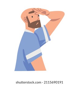 Looking Into Future Bearded Man Character with His Hand on Forehead Vector Illustration