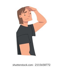 Looking Into Future Man Character with His Hand on Forehead Vector Illustration