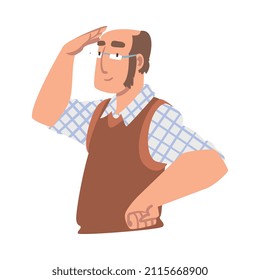 Looking Into Future Man Character with His Hand on Forehead Vector Illustration