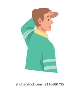 Looking Into Future Man Character with His Hand on Forehead Vector Illustration