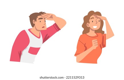 Looking Into Future Man and Woman Character with Hand on Forehead Vector Set