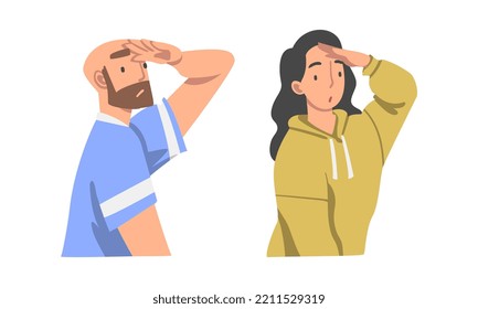 Looking Into Future Man and Woman Character with Hand on Forehead Vector Set