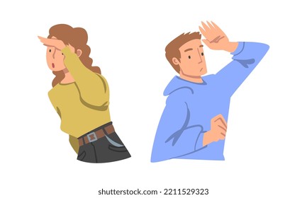 Looking Into Future Man and Woman Character with Hand on Forehead Vector Set