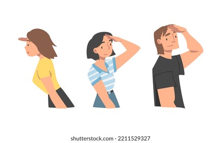 Looking Into Future Man and Woman Character with Hand on Forehead Vector Set