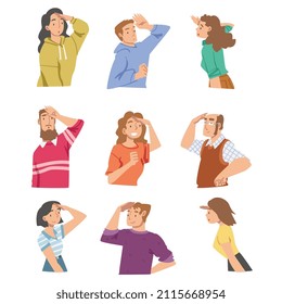 Looking Into Future People Character with Their Hands on Forehead Vector Illustration Set