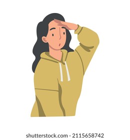 Looking Into Future Woman Character with Her Hand on Forehead Vector Illustration