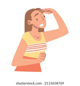 Looking Into Future Woman Character with Her Hand on Forehead Vector Illustration