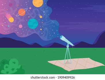 Looking into sky flat color vector illustration. Long modern powerful telescope for looking into sky for different planets 2D cartoon landscape with big snowy mountains on background