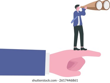 Looking for investment opportunities. businessman looking through binoculars standing on big hand, searching for future advantage trend

