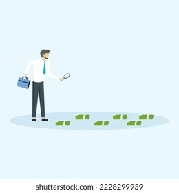 Looking for investment opportunity, curious businessman with magnifying glass checking and tracking dollar bill, financial success or salary increase, checking how to make profit and earning concept.