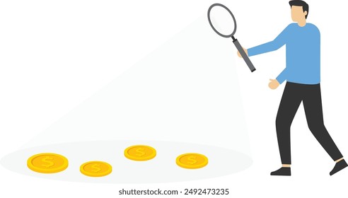 Looking for investment opportunity, curious businessman with magnifying glass checking and tracking dollar bill, financial success or salary increase, checking how to make profit and earning concept.
