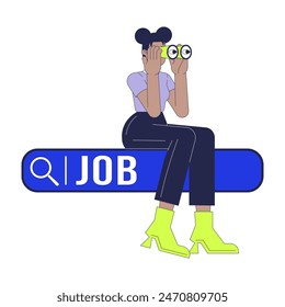 Looking for job 2D linear illustration concept. African american woman with binoculars on search bar cartoon character isolated on white. Unemployment metaphor abstract flat vector outline graphic