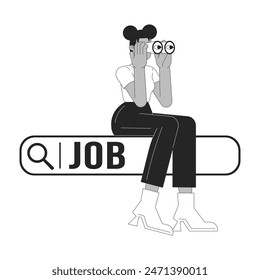 Looking for job black and white 2D illustration concept. African american woman with binoculars on search bar cartoon outline character isolated on white. Unemployment metaphor monochrome vector art