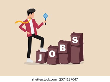 Looking for a job, and looking for a career, job vacancy concept, smart businessman using magnifying glass in both hands looking for new recruitment career