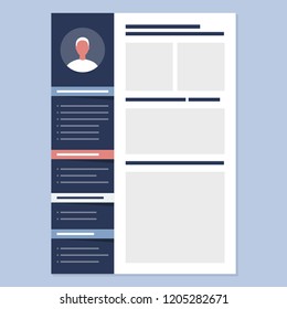 Looking for a job. CV template. Biography. Personal information. Skills and experience. Flat editable vector illustration, clip art