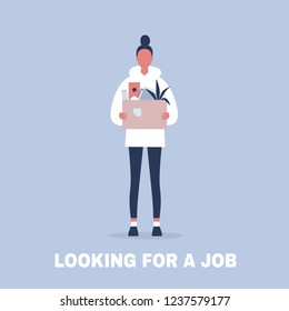 Looking for a job. Young female character holding a box full of office stationery goods / flat editable vector illustration, clip art