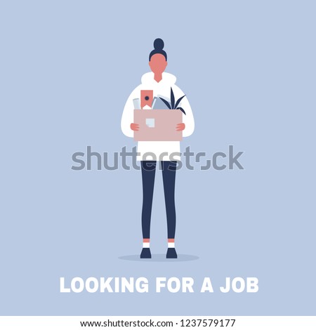 Looking for a job. Young female character holding a box full of office stationery goods / flat editable vector illustration, clip art