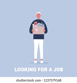 Looking for a job. Young male character holding a box full of office stationery goods / flat editable vector illustration, clip art