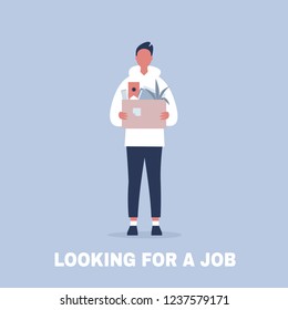 Looking for a job. Young male character holding a box full of office stationery goods / flat editable vector illustration, clip art