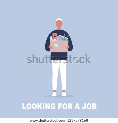 Looking for a job. Young male character holding a box full of office stationery goods / flat editable vector illustration, clip art