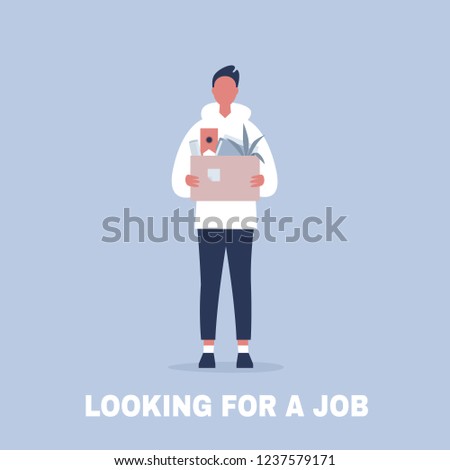 Looking for a job. Young male character holding a box full of office stationery goods / flat editable vector illustration, clip art