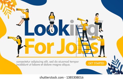 Looking for Jobs words with lots of people wearing binoculars to get a chance, concept vector ilustration. can use for landing page, template, ui, web, mobile app, poster, banner, flyer, background