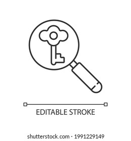 Looking for key linear icon. Investigating to solve problem. Searching for tips. Clues for riddle. Thin line customizable illustration. Contour symbol. Vector isolated outline drawing. Editable stroke