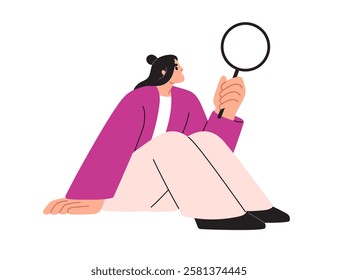 Looking with magnifying glass, lens. Curious woman with lupe, magnifier, focused on studying, researching, checking. Search, curiosity concept. Flat vector illustration isolated on white background