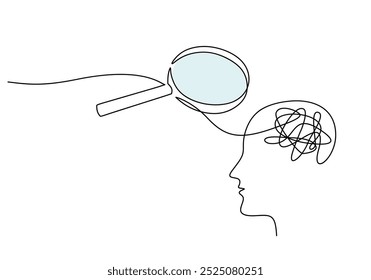 Buscando problemas de salud mental en un dibujo continuo de una línea. Lupa de aumento y sentimientos y pensamientos confusos en la cabeza. Concepto de psicología. Ilustración vectorial del tratamiento de la presión mental.