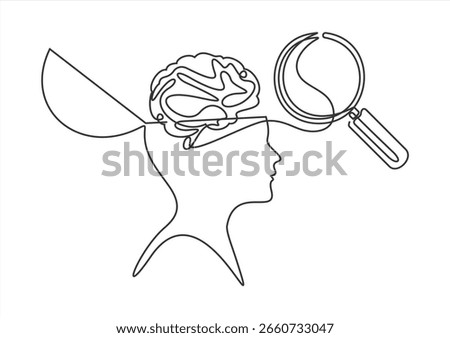 Looking for mental health problem in continuous one line drawing. Magnifying glass and confused feelings and thoughts in head. Psychology concept. Vector illustration mental pressure treatment.

