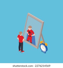 Looking At Mirror Boy Seeing Himself As Super Hero 3d isometric vector illustration concept for banner, website, landing page, ads, flyer template