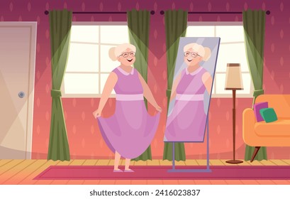 Looking to mirror elderly woman standing in big living room and self looking
