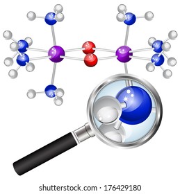 Looking at molecule with magnifying glass. Vector illustration.