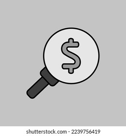 Looking for money. Dollar symbol under a magnifying glass grayscale icon vector. Finances sign. Graph symbol for your web site design, logo, app, UI