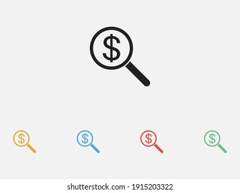 Looking For Money. Search Dollar Money. Dollar With Magnifying Glass Icon. Vector Illustration Icon. Set Of Colorful Flat Design Icons