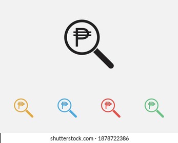 Looking for money. Search Philippine Peso money. Philippine Peso with magnifying glass icon. Vector illustration icon. Set of colorful flat design icons