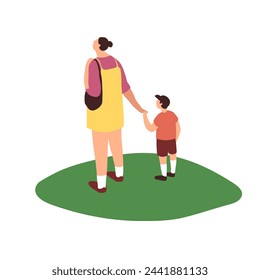 Looking up mother and boy stand on grass back view. Family staring at sky during walk outdoor. Woman and boy hold hands, turn heads upward. Flat isolated vector illustration on white background